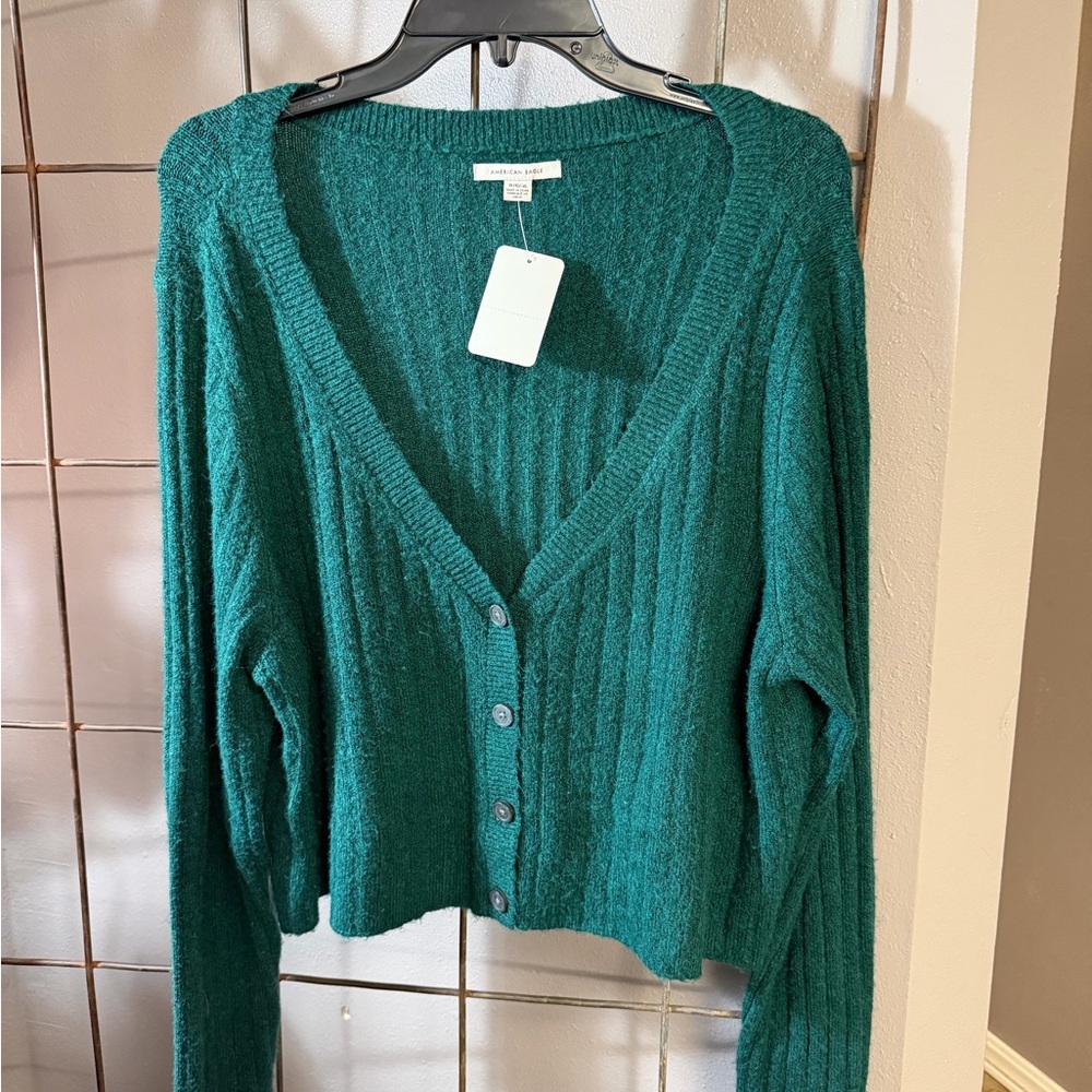 American Eagle Cozy Deep Teal V-Neck Button Cardigan Sweater
